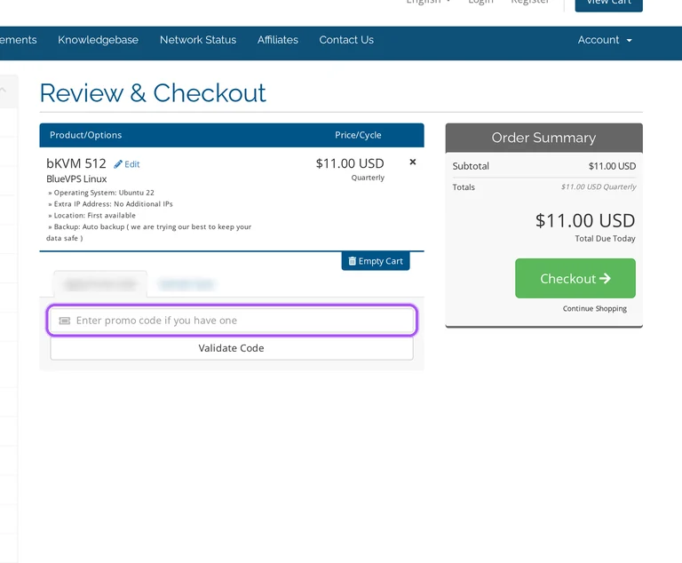 Where to enter a BlueVPS promo code on the BlueVPS checkout page
