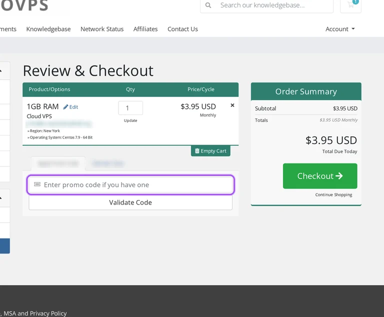 Where to enter a ChicagoVPS promo code on the ChicagoVPS checkout page