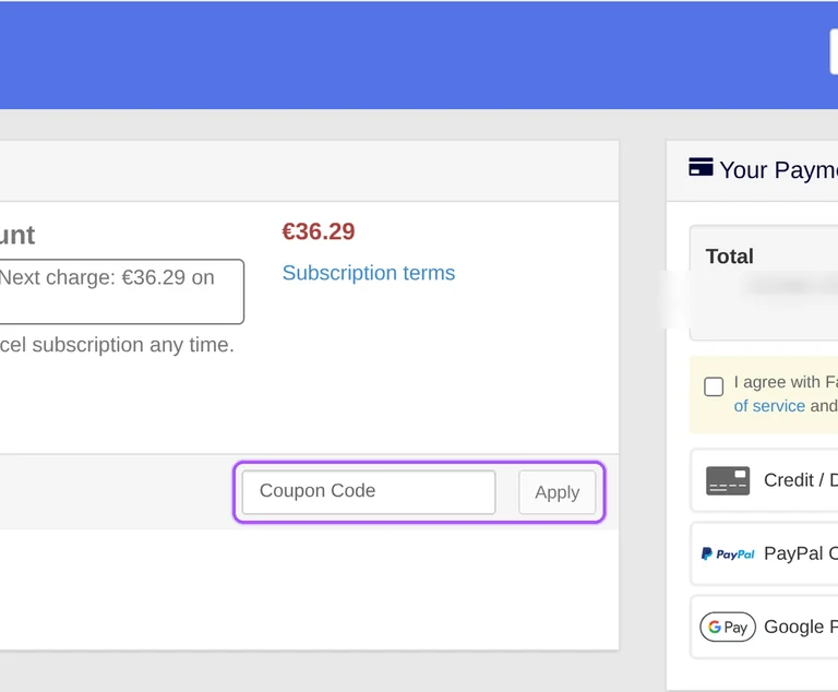 Where to enter a Clean Email promo code on the Clean Email checkout page