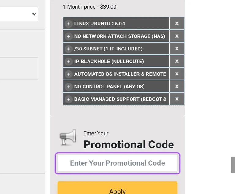 Where to enter a DedicatedSolutions promo code on the DedicatedSolutions checkout page