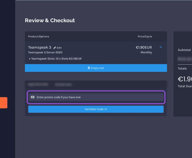 Where to enter a DeinServerHost promo code on the DeinServerHost checkout page