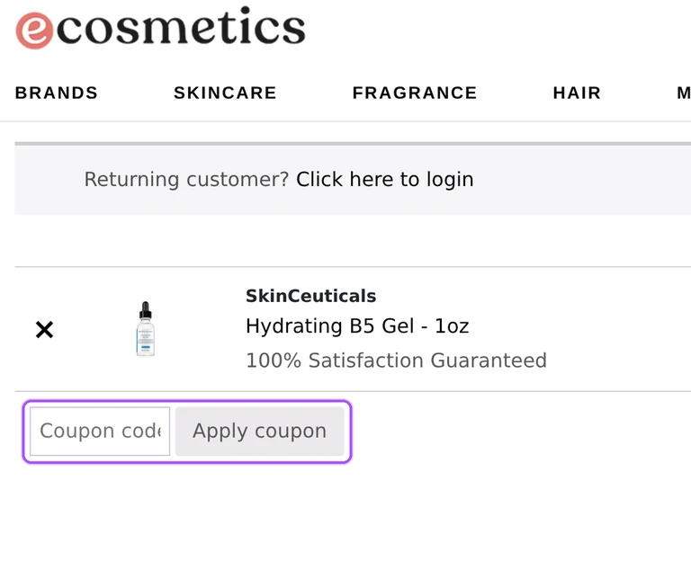 Where to enter an Ecosmetics promo code on the Ecosmetics checkout page