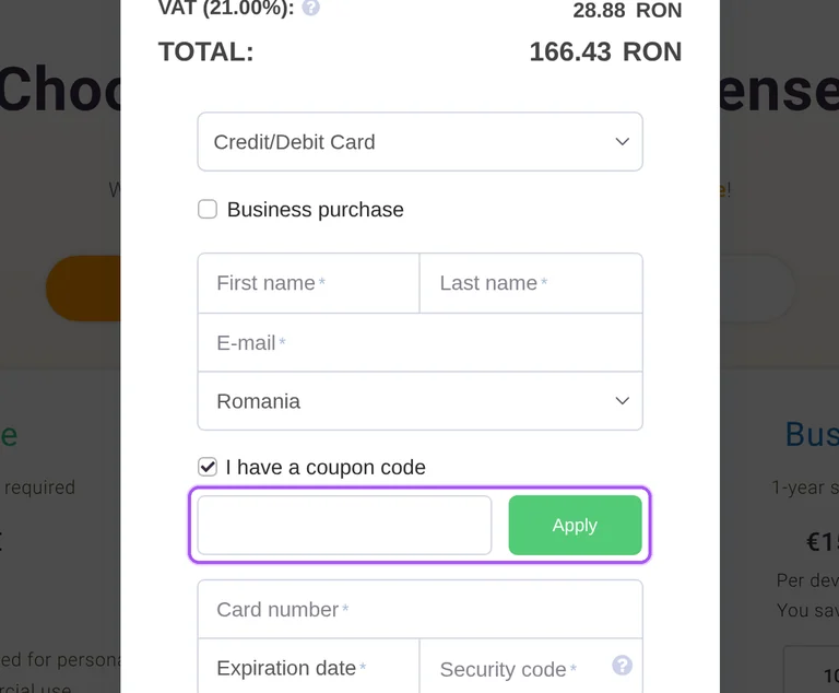 Where to enter a Emclient promo code on the Emclient checkout page