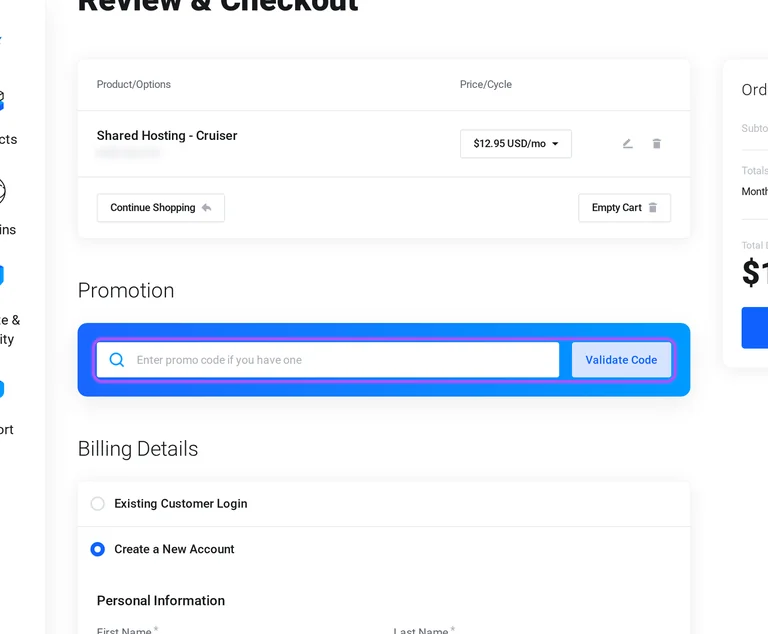 Where to enter a Float Hosting promo code on the Float Hosting checkout page