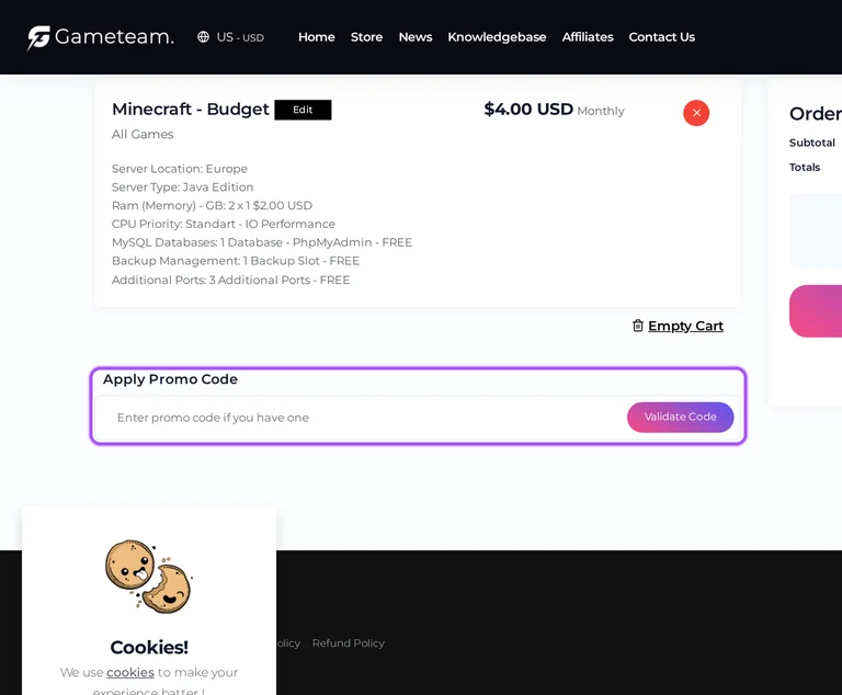 Where to enter a Gameteam promo code on the Gameteam checkout page