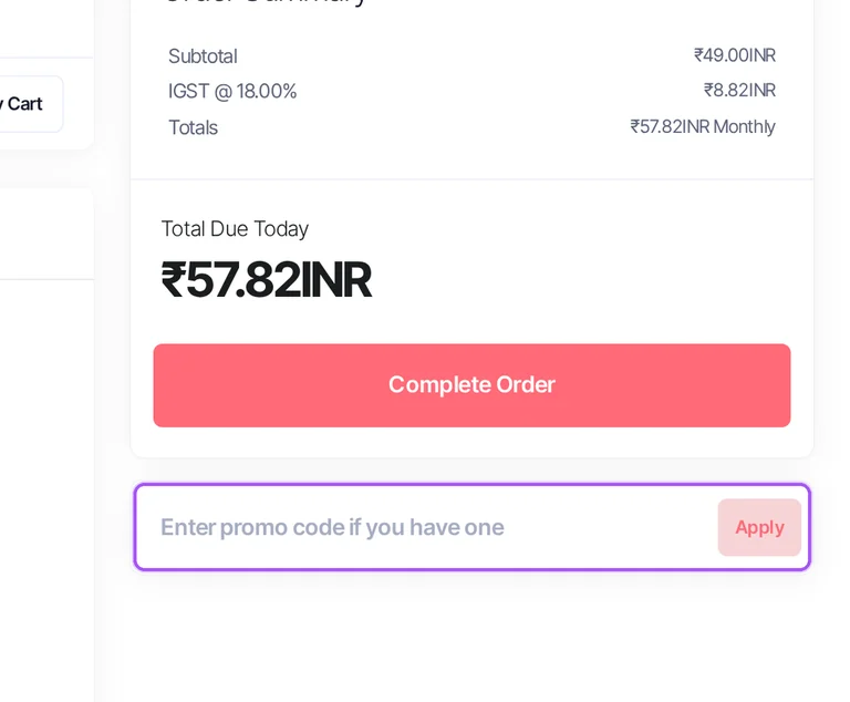 Where to enter a Goviralhost promo code on the Goviralhost checkout page