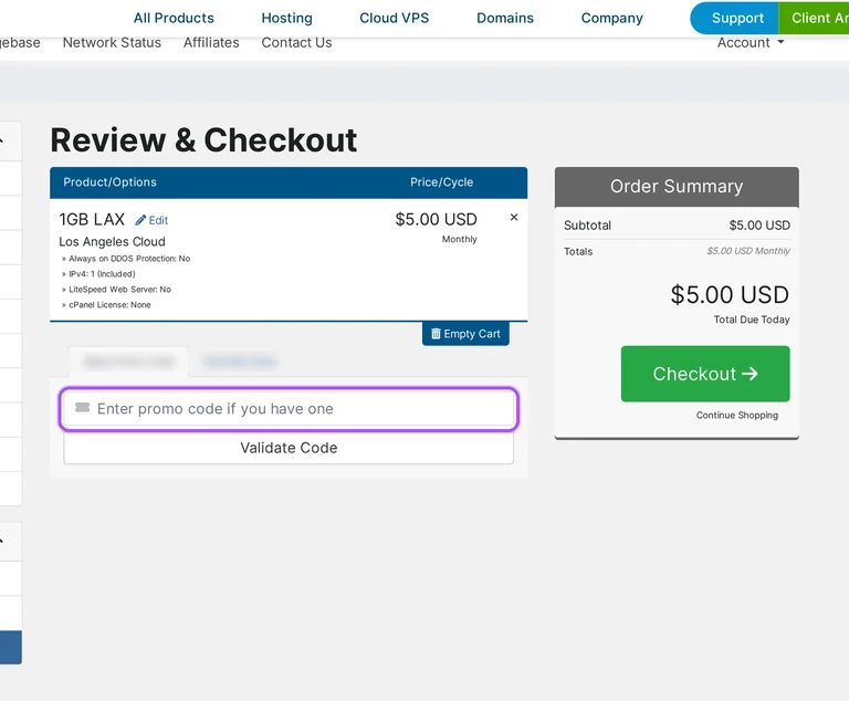 Where to enter a Hawkhost promo code on the Hawkhost checkout page