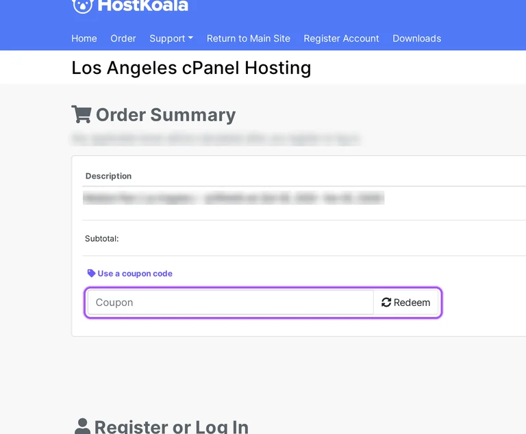 Where to enter a Hostkoala promo code on the Hostkoala checkout page
