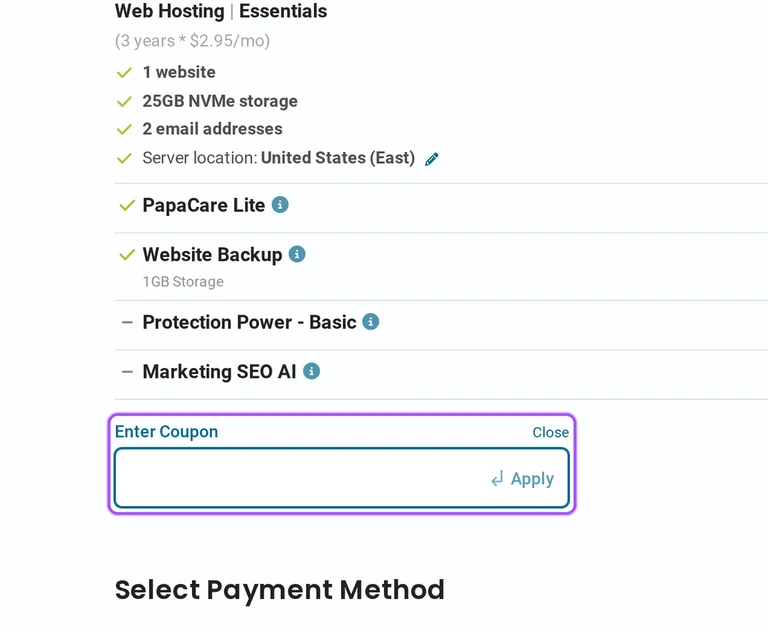 Where to enter a HostPapa promo code on the HostPapa checkout page