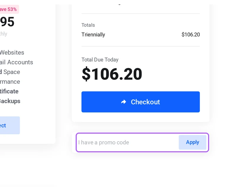 Where to enter a HostUpon promo code on the HostUpon checkout page