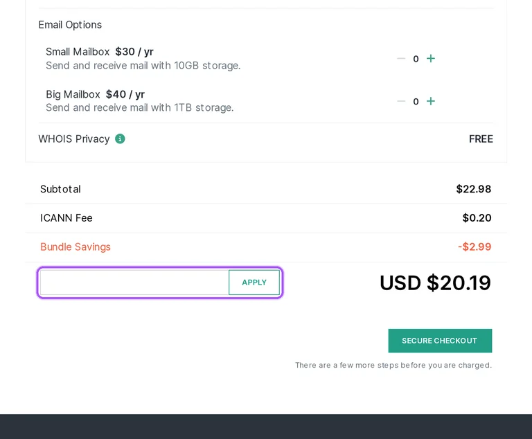 Where to enter a Hover promo code on the Hover checkout page