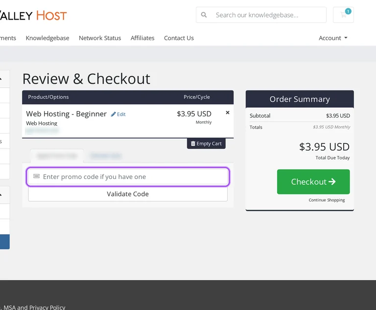 Where to enter a Hudson Valley Host promo code on the Hudson Valley Host checkout page
