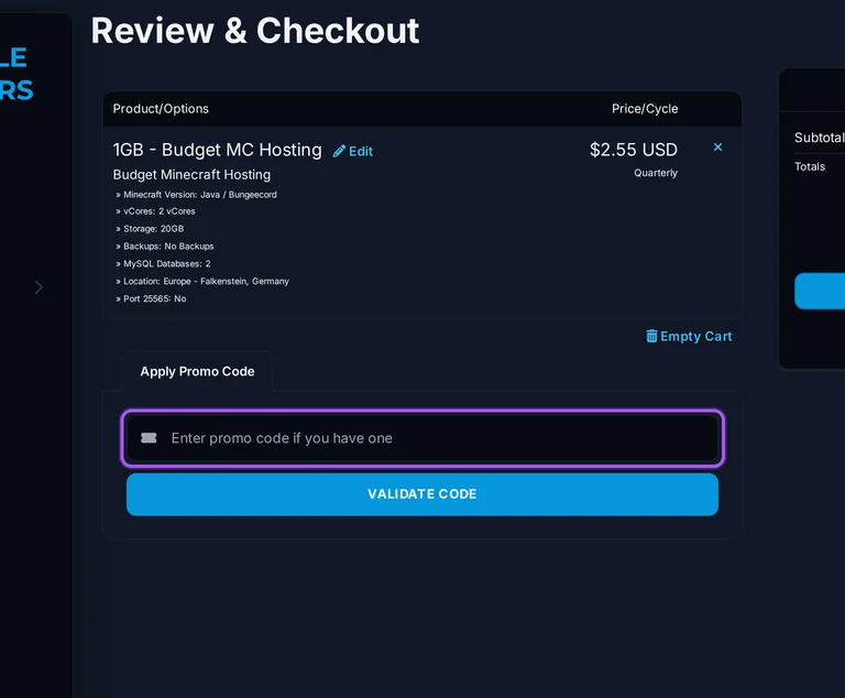 Where to enter a HumbleServers promo code on the HumbleServers checkout page