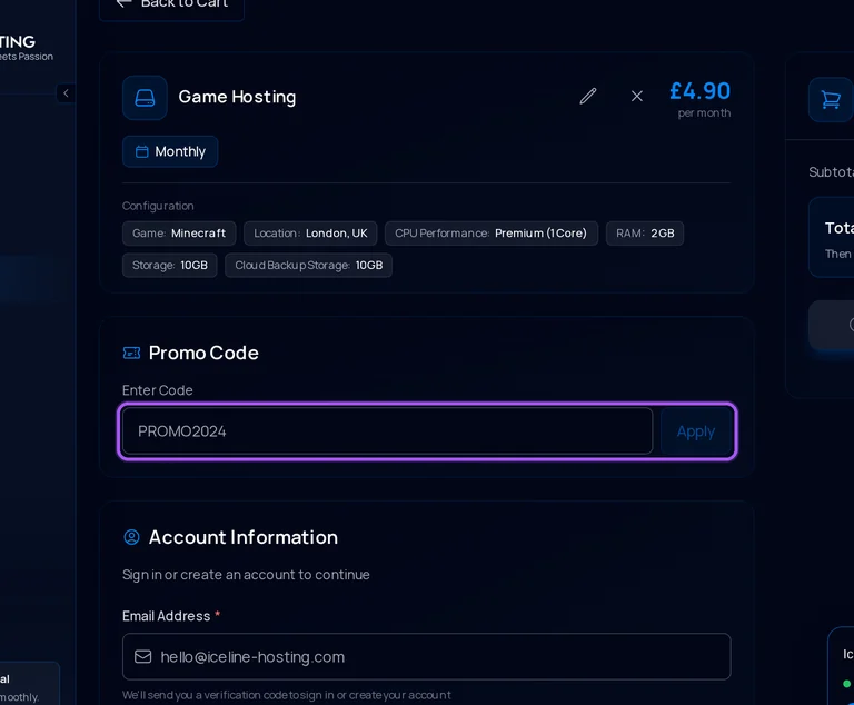 Where to enter an Iceline Hosting promo code on the Iceline Hosting checkout page