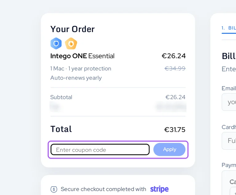 Where to enter an Intego promo code on the Intego checkout page
