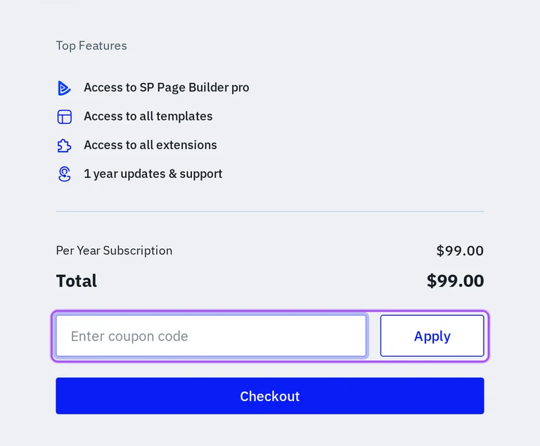 Where to enter a JoomShaper promo code on the JoomShaper checkout page