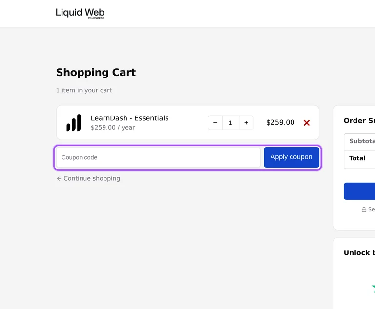 Where to enter a LearnDash promo code on the LearnDash checkout page