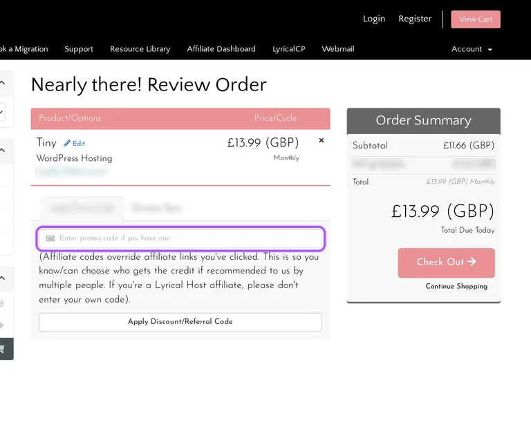 Where to enter a Lyrical Host promo code on the Lyrical Host checkout page