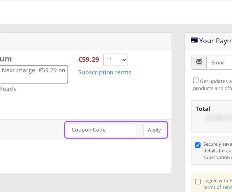 Where to enter a Mailbird promo code on the Mailbird checkout page