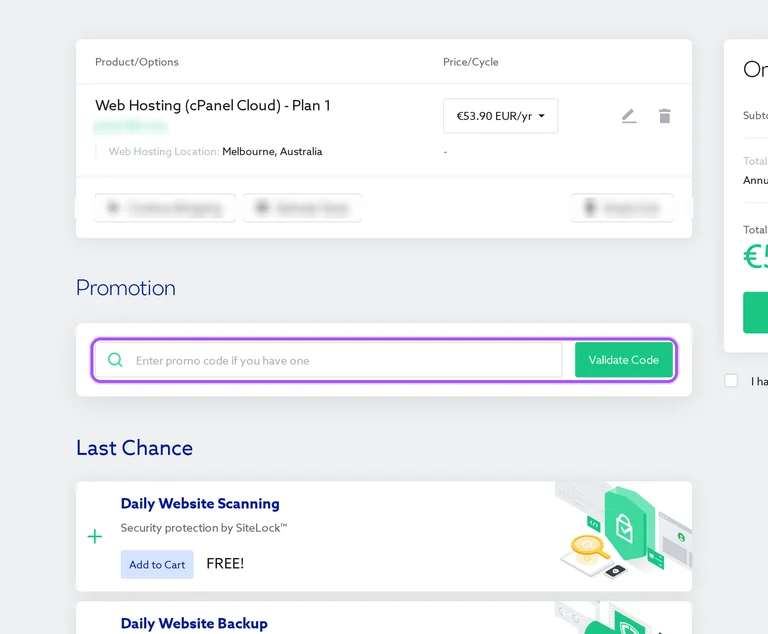 Where to enter a Maxer Host promo code on the Maxer Host checkout page
