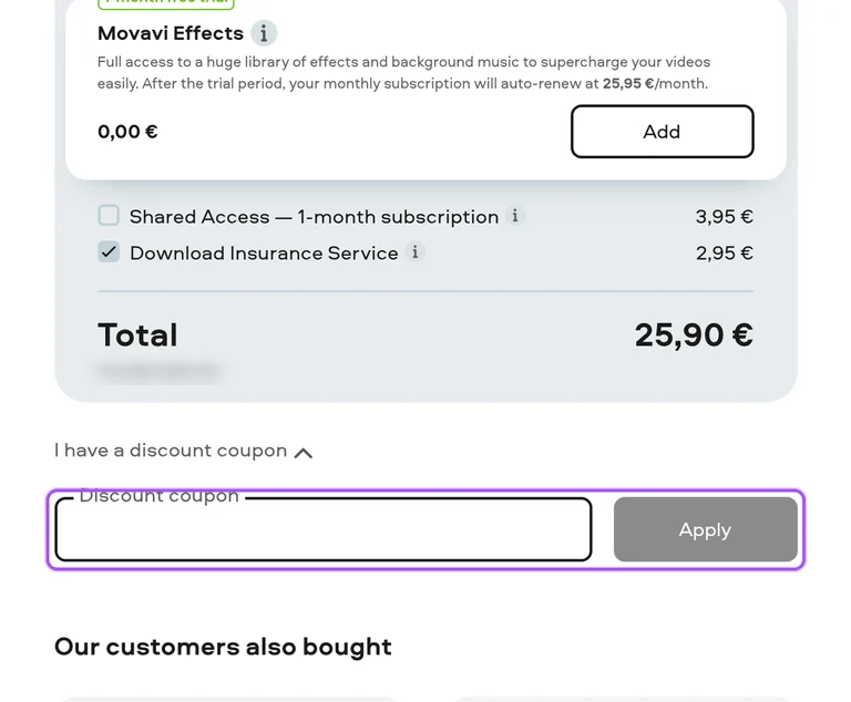 Where to enter a Movavi promo code on the Movavi checkout page