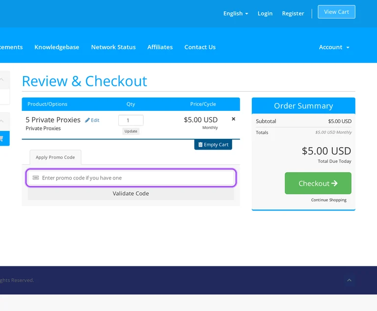 Where to enter a NewIPNow promo code on the NewIPNow checkout page
