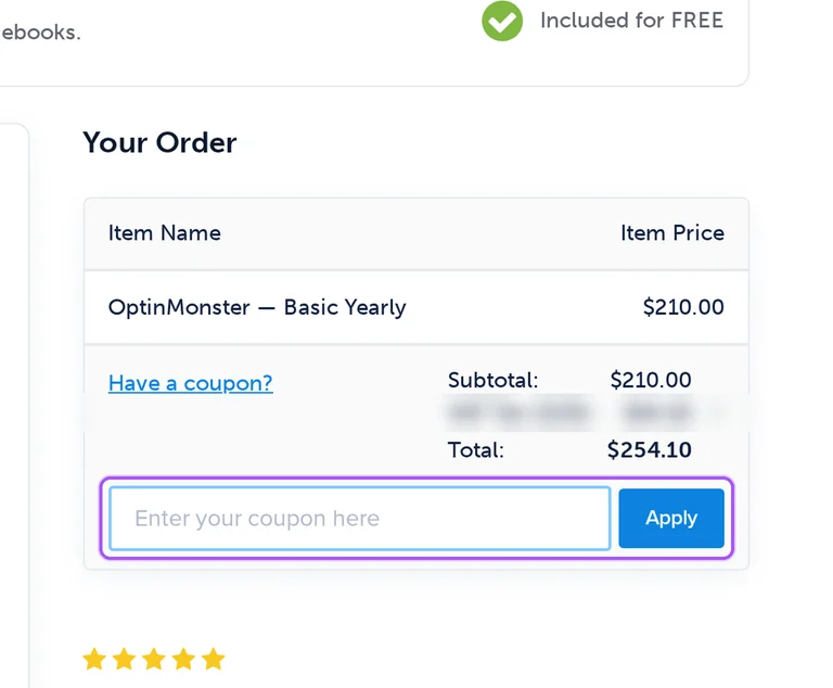Where to enter an Optinmonster promo code on the Optinmonster checkout page