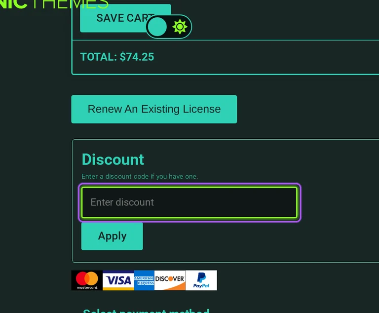 Where to enter an Organic Themes promo code on the Organic Themes checkout page