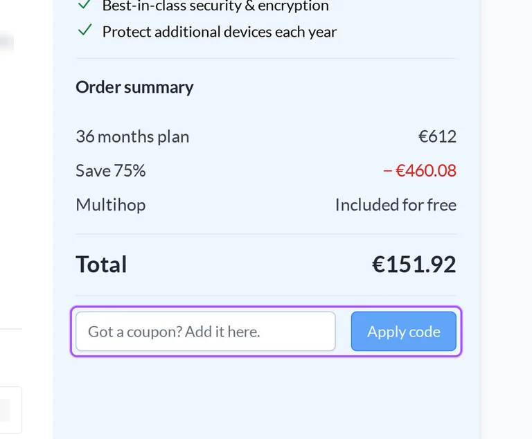 Where to enter a OVPN promo code on the OVPN checkout page