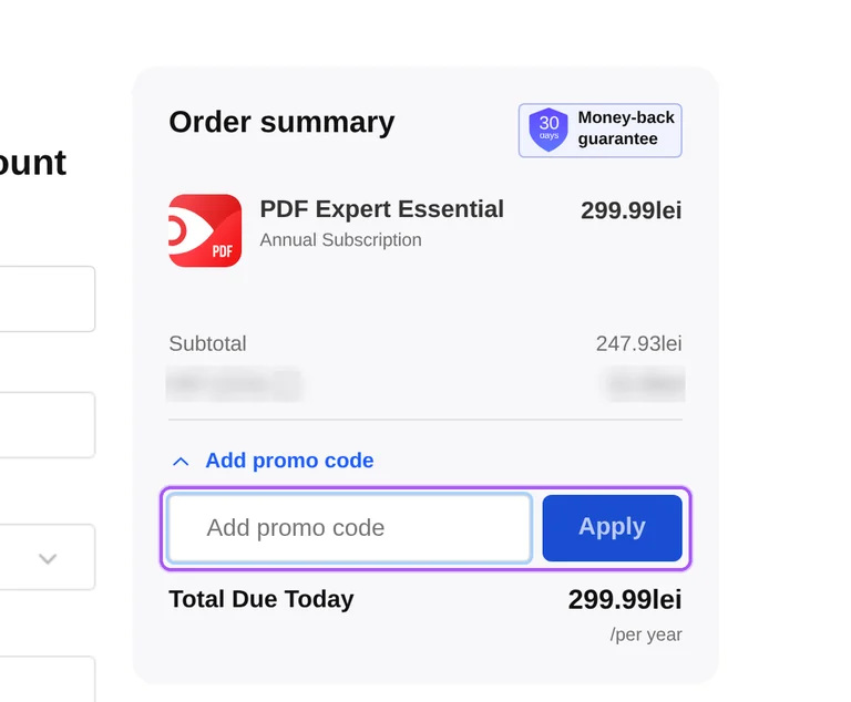 Where to enter a Pdfexpert promo code on the Pdfexpert checkout page