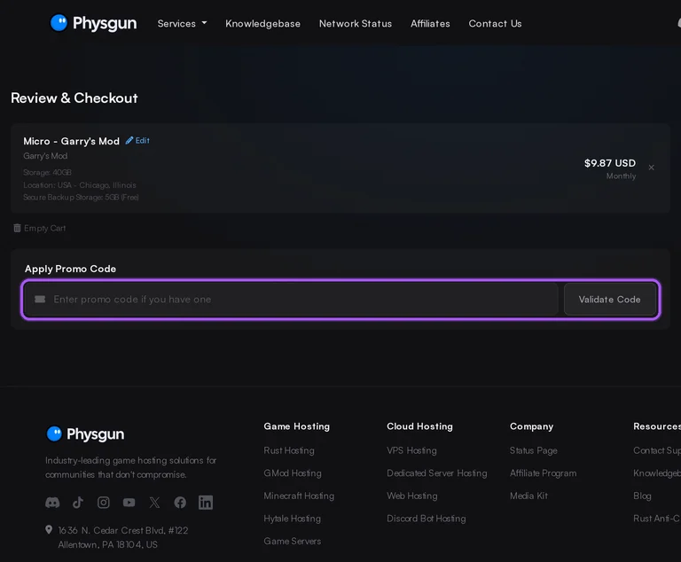 Where to enter a Physgun promo code on the Physgun checkout page