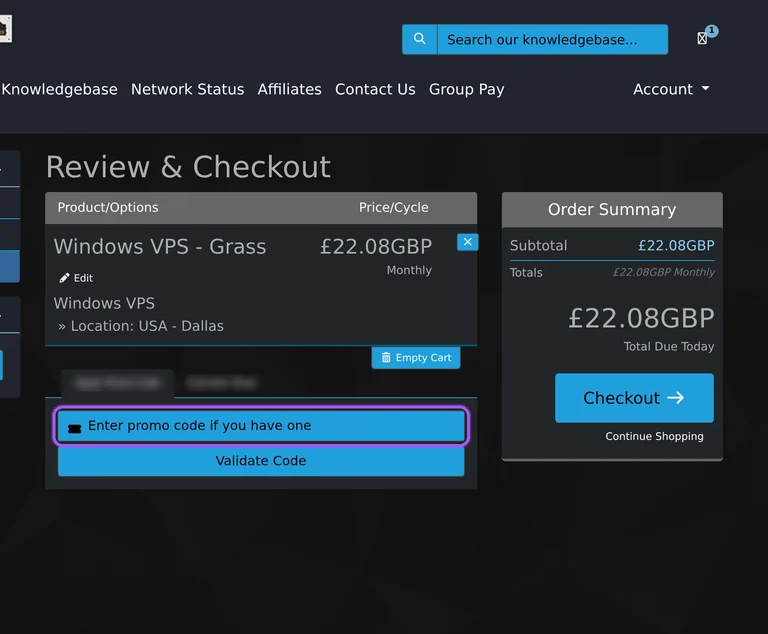 Where to enter a Pingperfect promo code on the Pingperfect checkout page