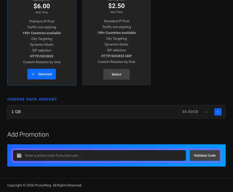 Where to enter a ProxyWing promo code on the ProxyWing checkout page