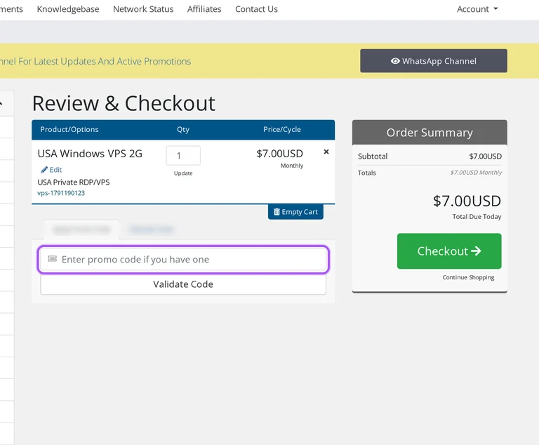 Where to enter a SadeemRDP promo code on the SadeemRDP checkout page