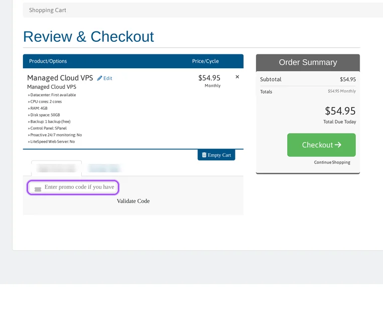 Where to enter a ScalaHosting promo code on the ScalaHosting checkout page