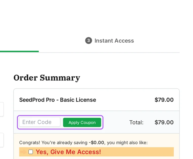 Where to enter a SeedProd promo code on the SeedProd checkout page