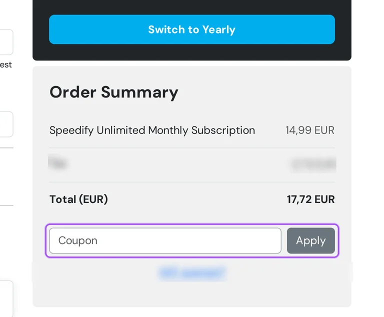 Where to enter a Speedify promo code on the Speedify checkout page