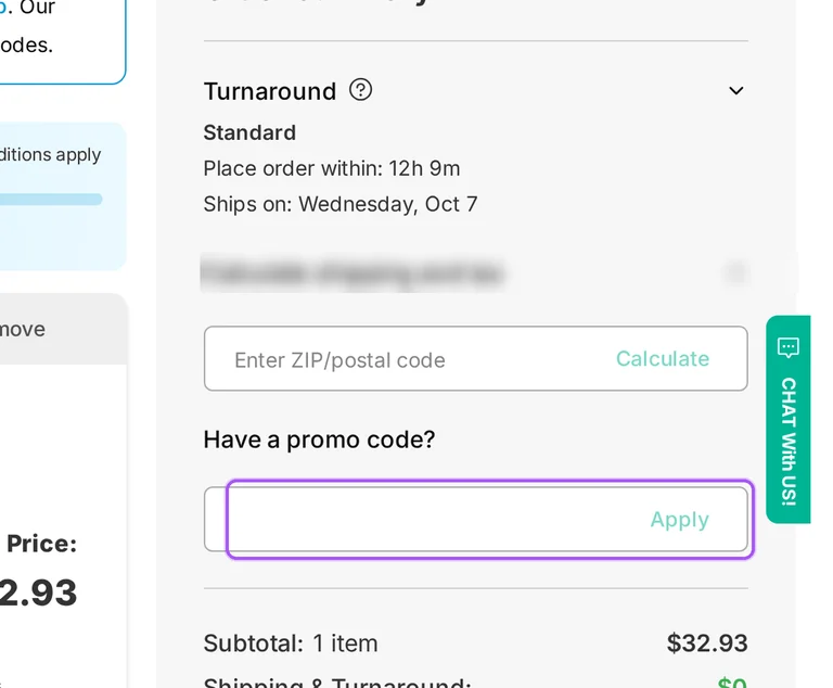Where to enter a Square Signs promo code on the Square Signs checkout page