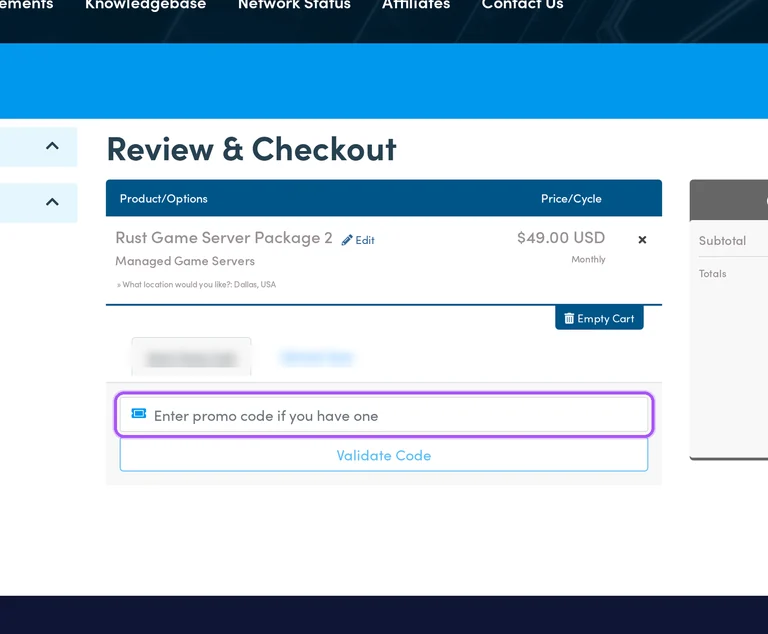 Where to enter a Tempest Hosting promo code on the Tempest Hosting checkout page