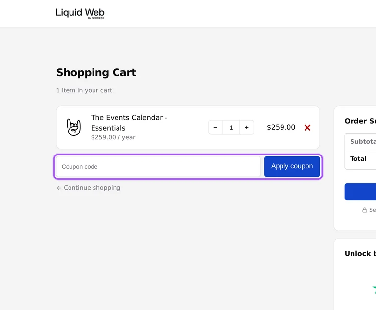 Where to enter a The Events Calendar promo code on the The Events Calendar checkout page