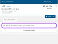 The Minecraft Hosting coupon code field at checkout