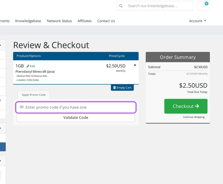 Where to enter a The Minecraft Hosting promo code on the The Minecraft Hosting checkout page