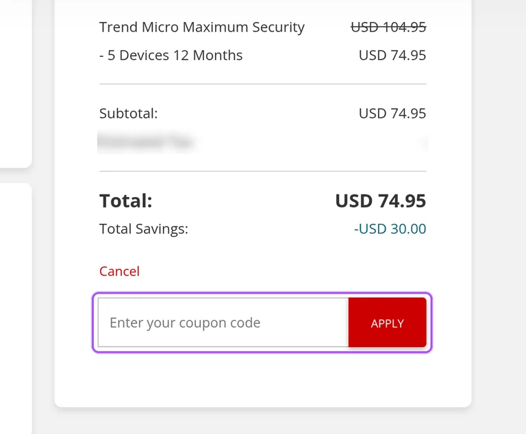 Where to enter a Trend Micro promo code on the Trend Micro checkout page