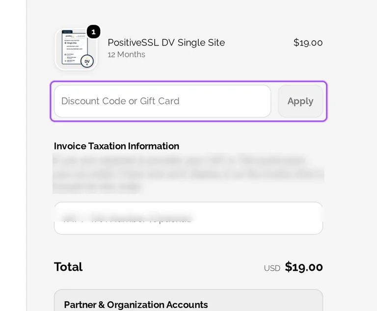 Where to enter a Trustico promo code on the Trustico checkout page