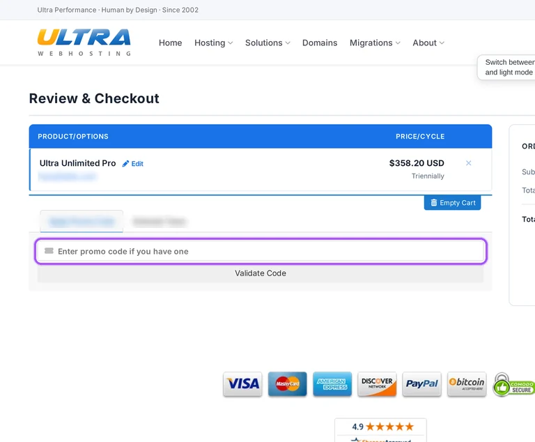 Where to enter a Ultra Web Hosting promo code on the Ultra Web Hosting checkout page