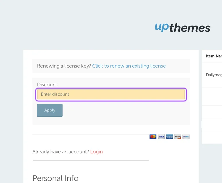 Where to enter an Upthemes promo code on the Upthemes checkout page