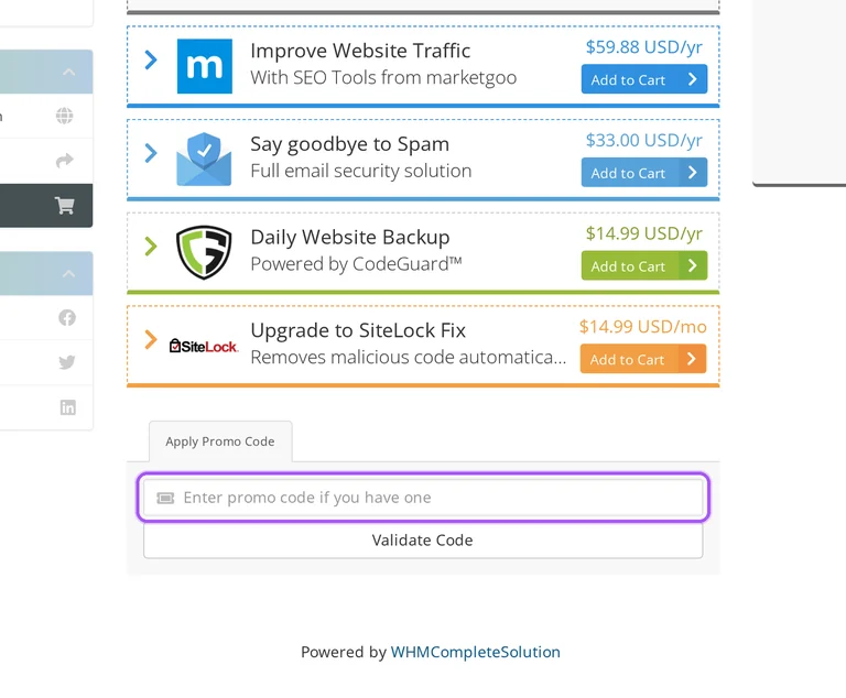 Where to enter a WebHostingPad promo code on the WebHostingPad checkout page
