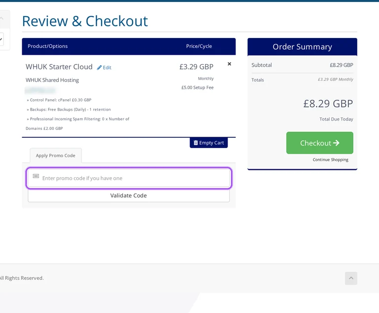 Where to enter a Web Hosting Uk promo code on the Web Hosting Uk checkout page
