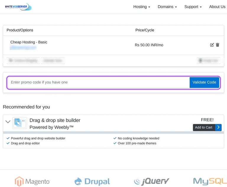 Where to enter a Whitewebserver promo code on the Whitewebserver checkout page