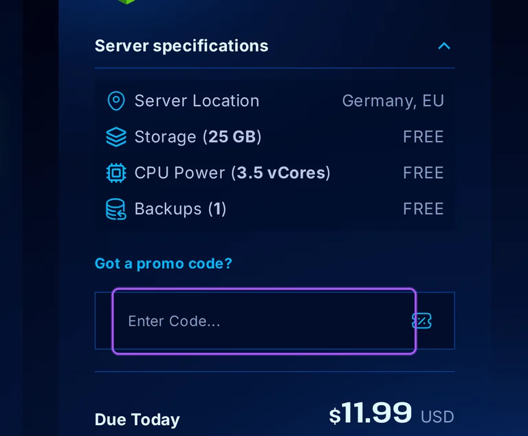 Where to enter a Wisehosting promo code on the Wisehosting checkout page